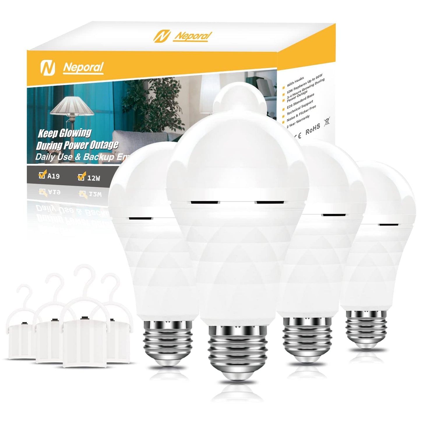 Neporal A19 Rechargeable Light Bulbs Emergency Light Bulb for Power Outages, Led Bulb 60 Watt Equiv., Self-Charging Light Bulb 1200mAh Battery Backup