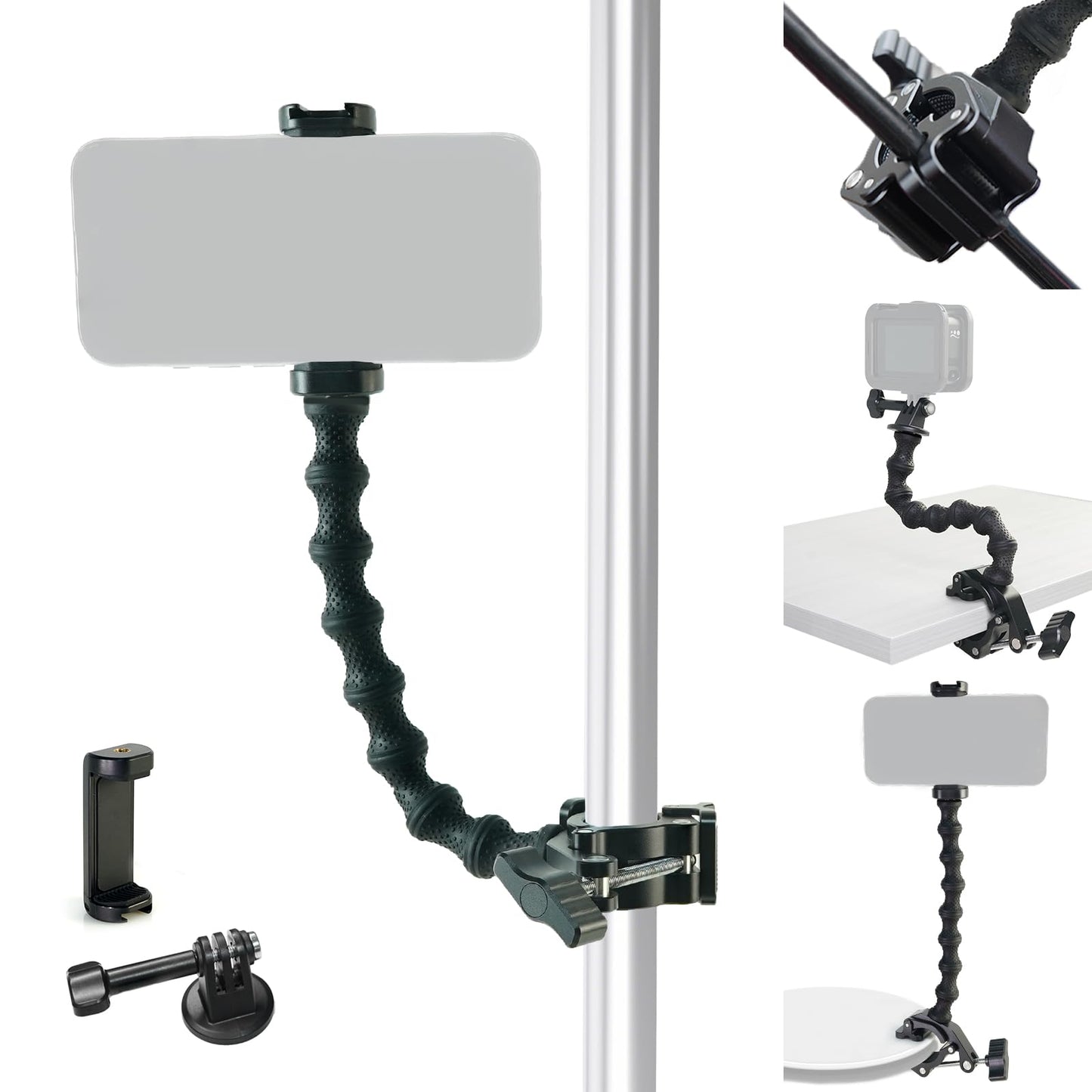 FIFIELD Gooseneck Phone Clamp Mount with Super Clamp - 360° Adjustable Phone Stand Compatible with iPhone 16-6, 360 Action Camera & 0.7-2" Devices