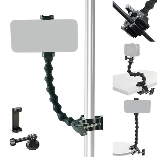 FIFIELD Gooseneck Phone Clamp Mount with Super Clamp - 360° Adjustable Phone Stand Compatible with iPhone 16-6, 360 Action Camera & 0.7-2" Devices