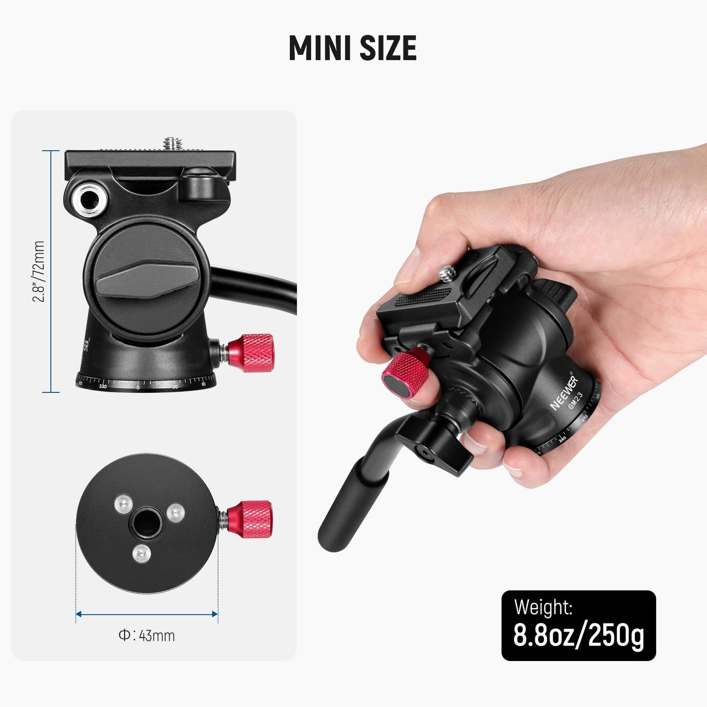 NEEWER Fluid Tripod Head with Handle & Arca Type Quick Release, Aluminum Alloy Panorama Drag Pan Tilt Head with ø43mm Scaled Base for Compact