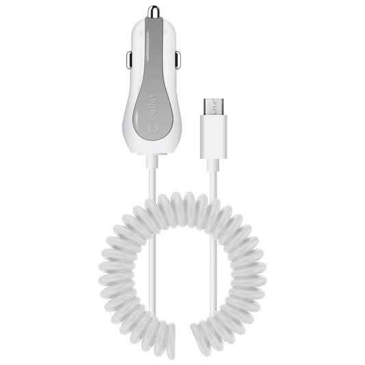 Cellet Micro-USB Car Charger, Coiled and Extra USB Port Car Charger, Built-in Coiled 4ft Long Micro USB Cable. (Fast Charging 2.4 Amp)