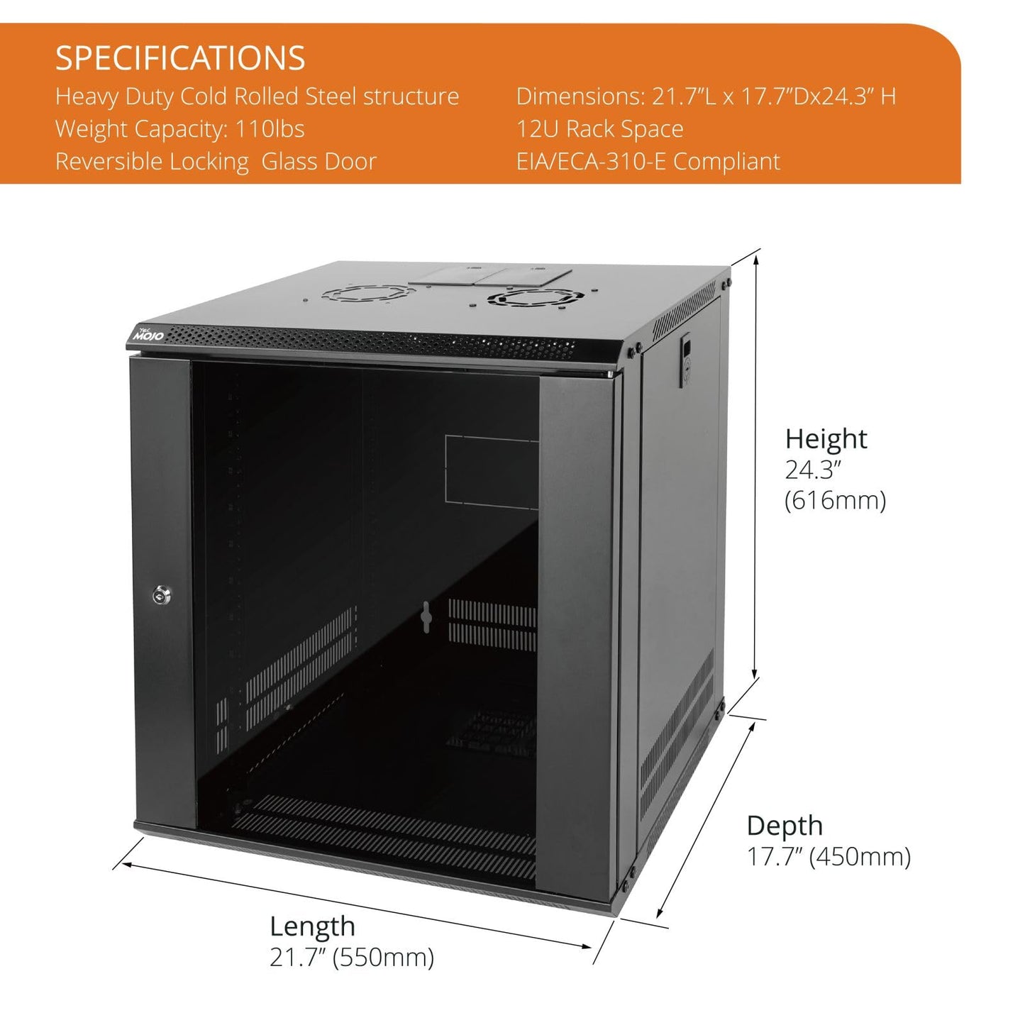 Tecmojo 12U Wall Mount Server Cabinet IT Network Rack Enclosure Lockable Door and Side Panels Black,Cooling Fan,Glass Door,17.7inch Depth,for 19” IT