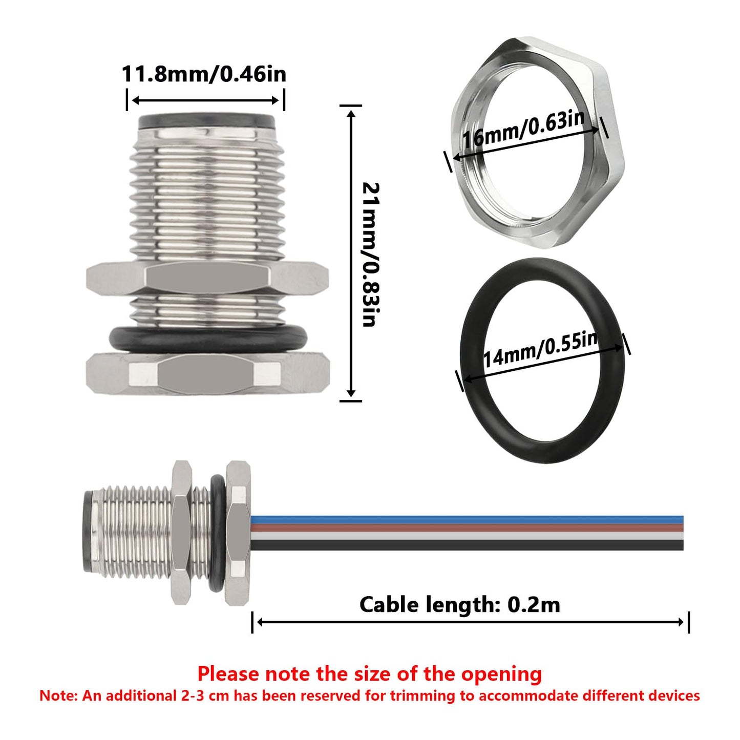 Hamadap M12 4 Pin Male Aviation Connector Cable 0.2M, Waterproof Industrial Circular Connector, 12mm Front Mount Panel Receptacles, UnShielded
