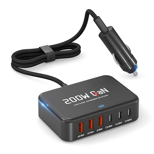 Dzytnsy 200W Car Fast Charging Station,6 Ports, Compatible with MacBook pro/Air/M5 M4 M3 M2 M1/Dell/Lenovo/HP,for iPhone 17/16/15 Series,Samsung