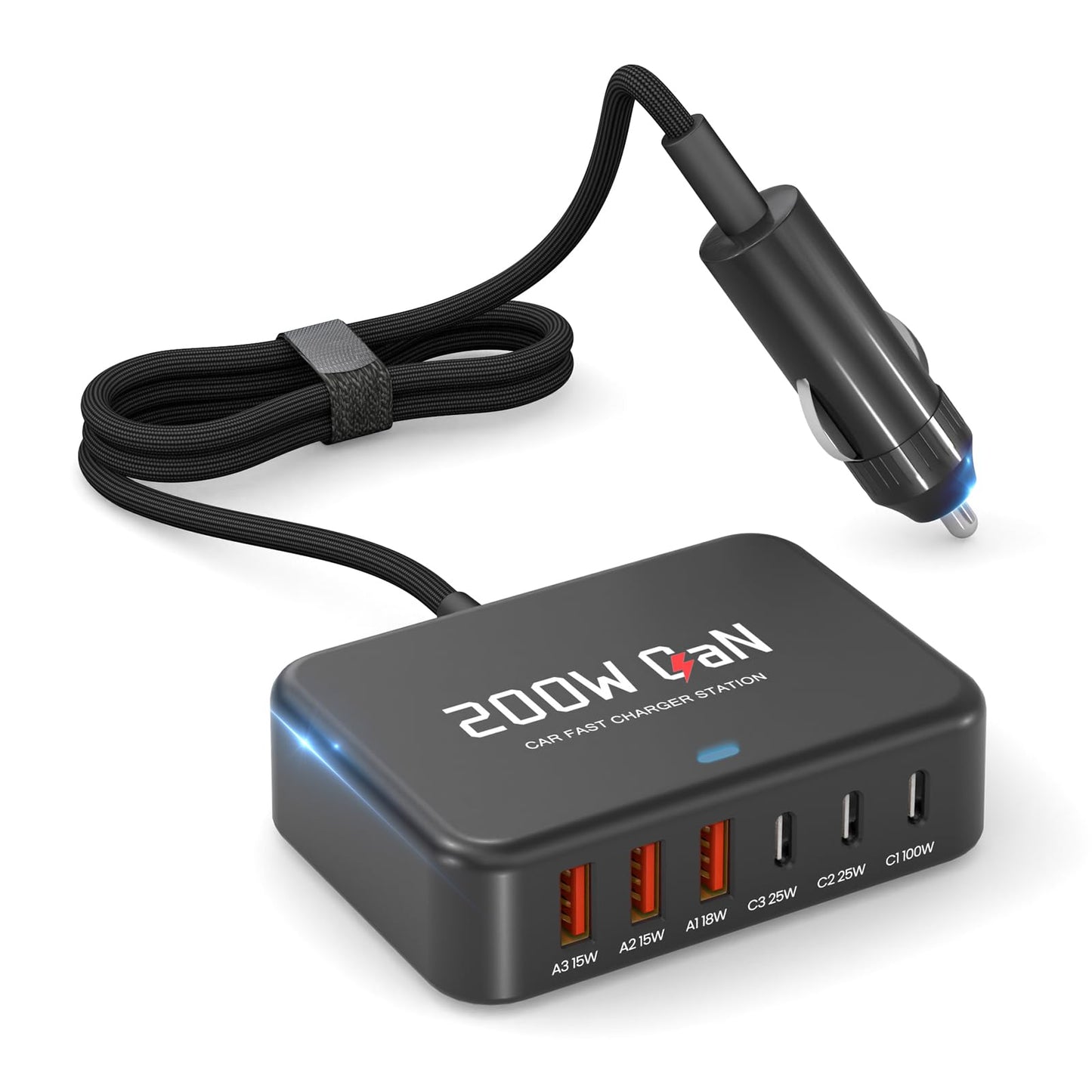 Dzytnsy 200W Car Fast Charging Station,6 Ports, Compatible with MacBook pro/Air/M5 M4 M3 M2 M1/Dell/Lenovo/HP,for iPhone 17/16/15 Series,Samsung