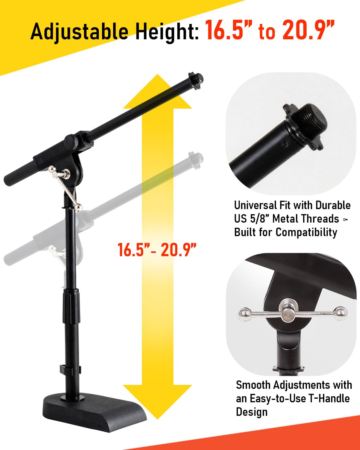 Stage Rocker Adjustable Low-profile Microphone Stand - Snare/Tom Bottom/Bass (Kick) Drum/Table Top, Adjustable Height, 15.75“ Telescoping Boom Arm