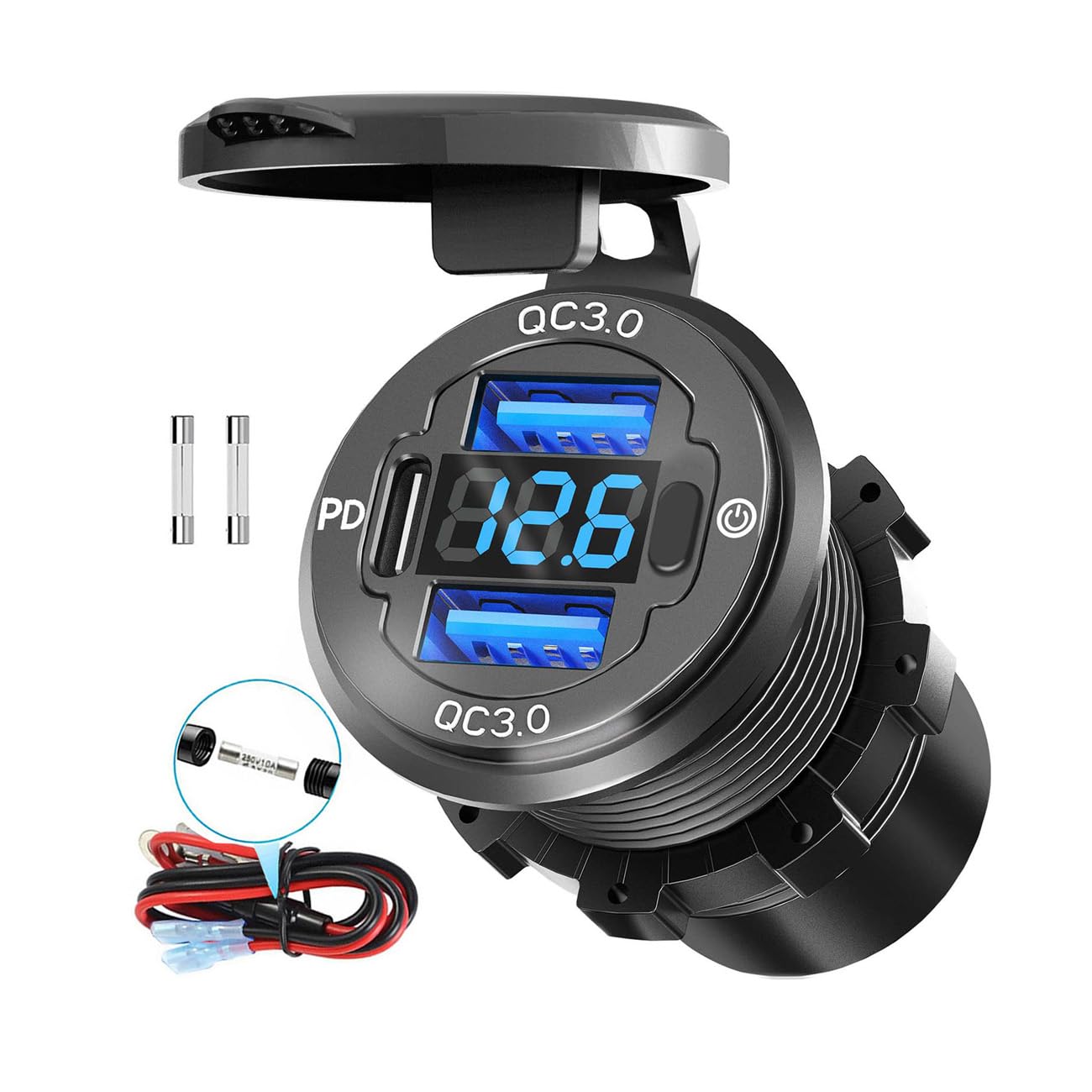 78W Triple-Port 12V USB Outlet with Voltmeter & Switch - PD3.0 & Dual QC3.0 Quick Charge Car Charger Socket, Aluminum Alloy Waterproof USB C Port