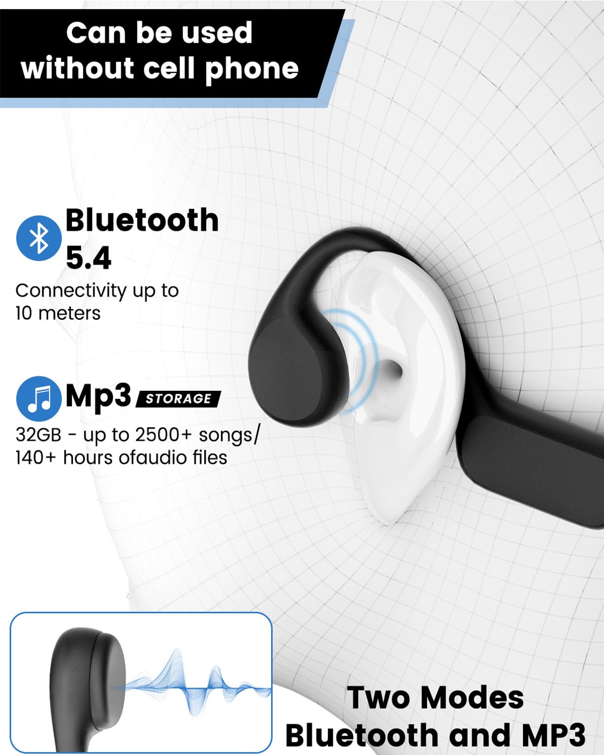 Banoshalo Swimming Headphones - IPX8 Waterproof, Bone Conduction, Wireless Bluetooth 5.3, MP3 Dual Mode, Stores 2500+ Songs, Underwater High Sound…