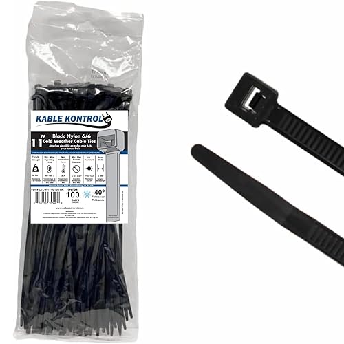 Kable Kontrol Cold Weather Cable Zip Ties 100 Pcs 11 Inch Black, 50 Lbs Tensile Strength, Self-locking UV Resistant Nylon Wire Ties, Up to -40°F