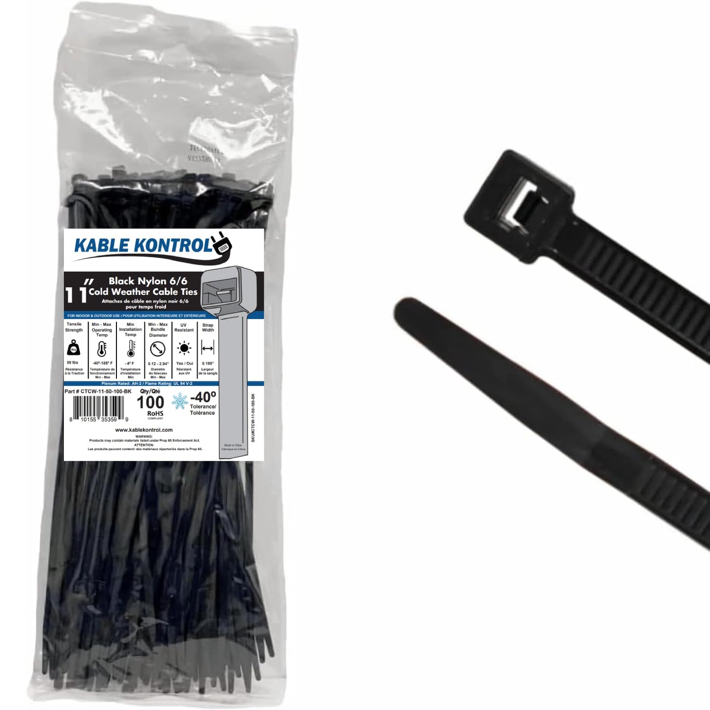 Kable Kontrol Cold Weather Cable Zip Ties 100 Pcs 11 Inch Black, 50 Lbs Tensile Strength, Self-locking UV Resistant Nylon Wire Ties, Up to -40°F