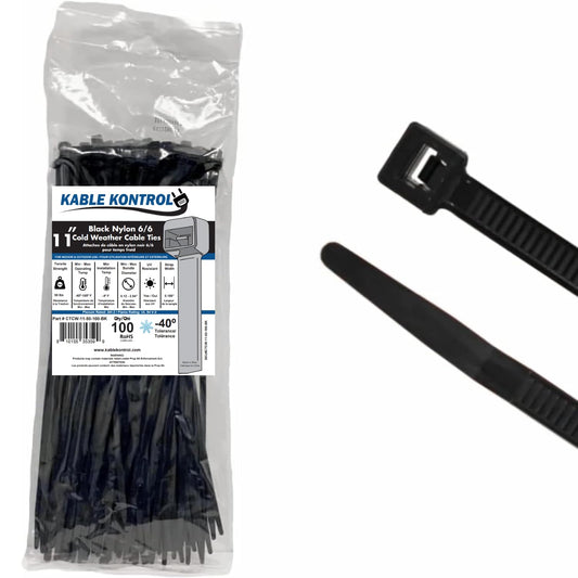 Kable Kontrol Cold Weather Cable Zip Ties 100 Pcs 11 Inch Black, 50 Lbs Tensile Strength, Self-locking UV Resistant Nylon Wire Ties, Up to -40°F