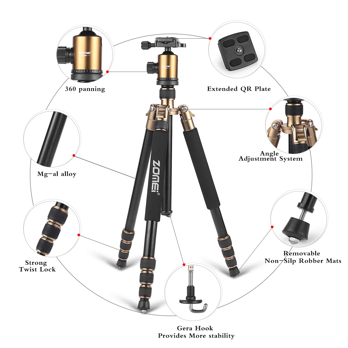 ZOMEI Tripod,Camera Tripod,Lightweight Camera Travel Z818 Tripod Aluminium Alloy Monopod with 360 Panorama Ball Head Quick Release Plate Ball for DSLR
