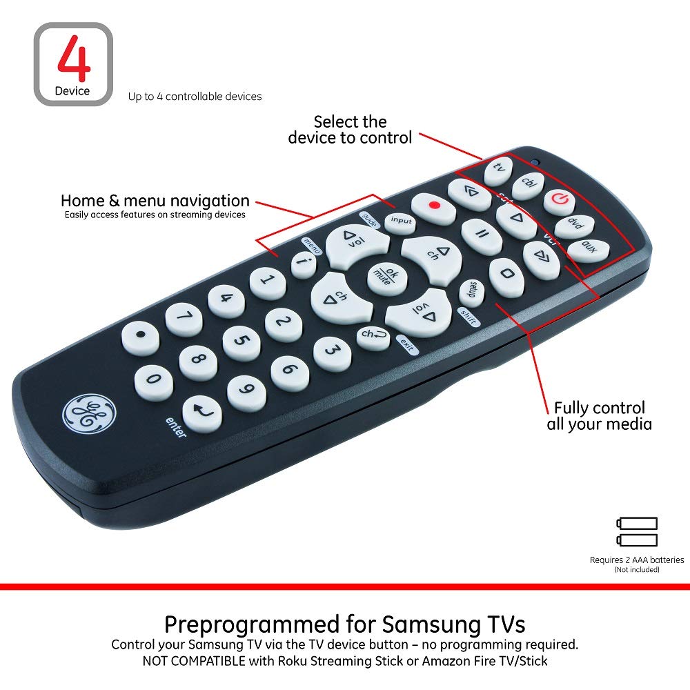 GE Universal Remote Control for Samsung, Vizio, LG, Sony, Sharp, Roku, Apple TV, TCL, Panasonic, Smart TVs, Streaming Players, Blu-ray, DVD, 4-Device