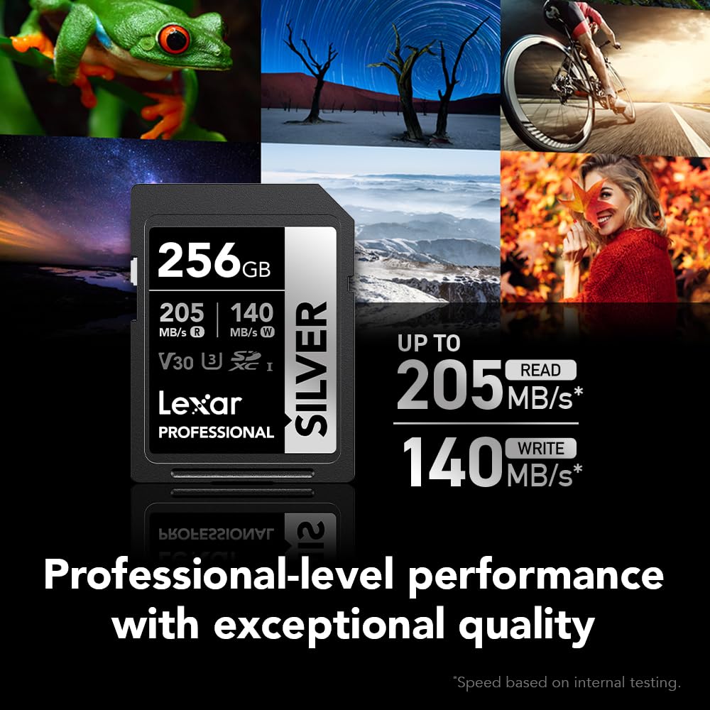 Lexar 256GB Professional Silver SD Card, UHS-I, C10, U3, V30, 4K, Up to 205/140 MB/s SDXC Memory Card, for Photographer, Videographer, Enthusiast