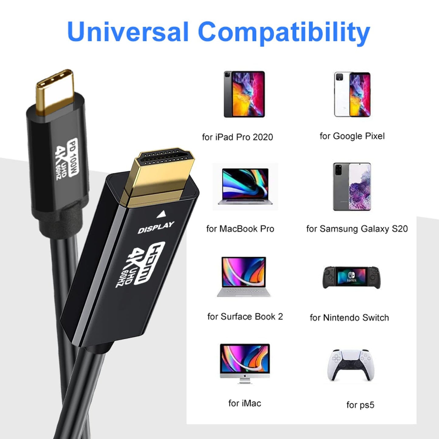 USB C to HDMI Cable 25FT 4K60HZ,USB Type C to HDMI Adapter, Thunderbolt 3/4 to HDMI Cable Compatible with Galaxy S22 /S20, MacBook Pro/Air 2020, iPad