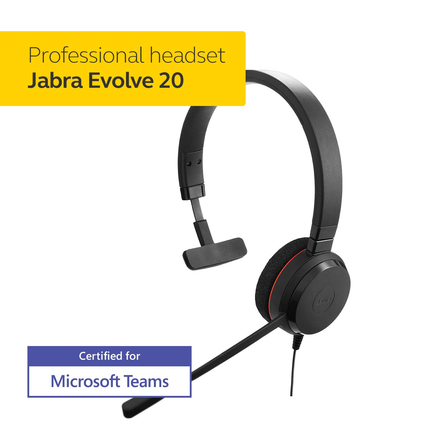 Jabra Evolve 20 MS Teams Wired Headset, Mono Telephone Headset for Greater Productivity, Superior Sound for Calls and Music, USB Connection, All Day
