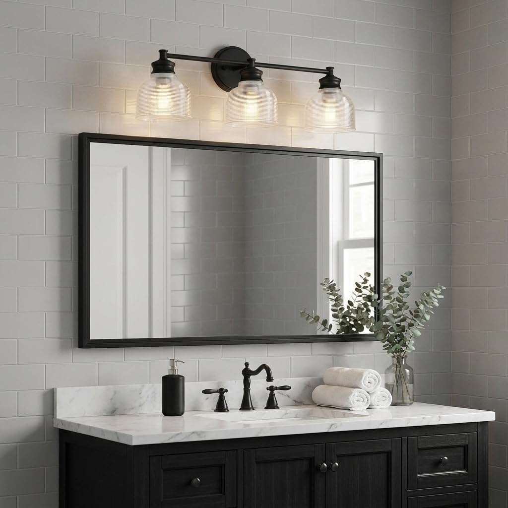 Meridian M80035MBK Traditional Farmhouse Clear Halophane Glass Bathroom Vanity Wall Light, 3-Light 180 Total Watts, 9" H x 24" W, Matte Black