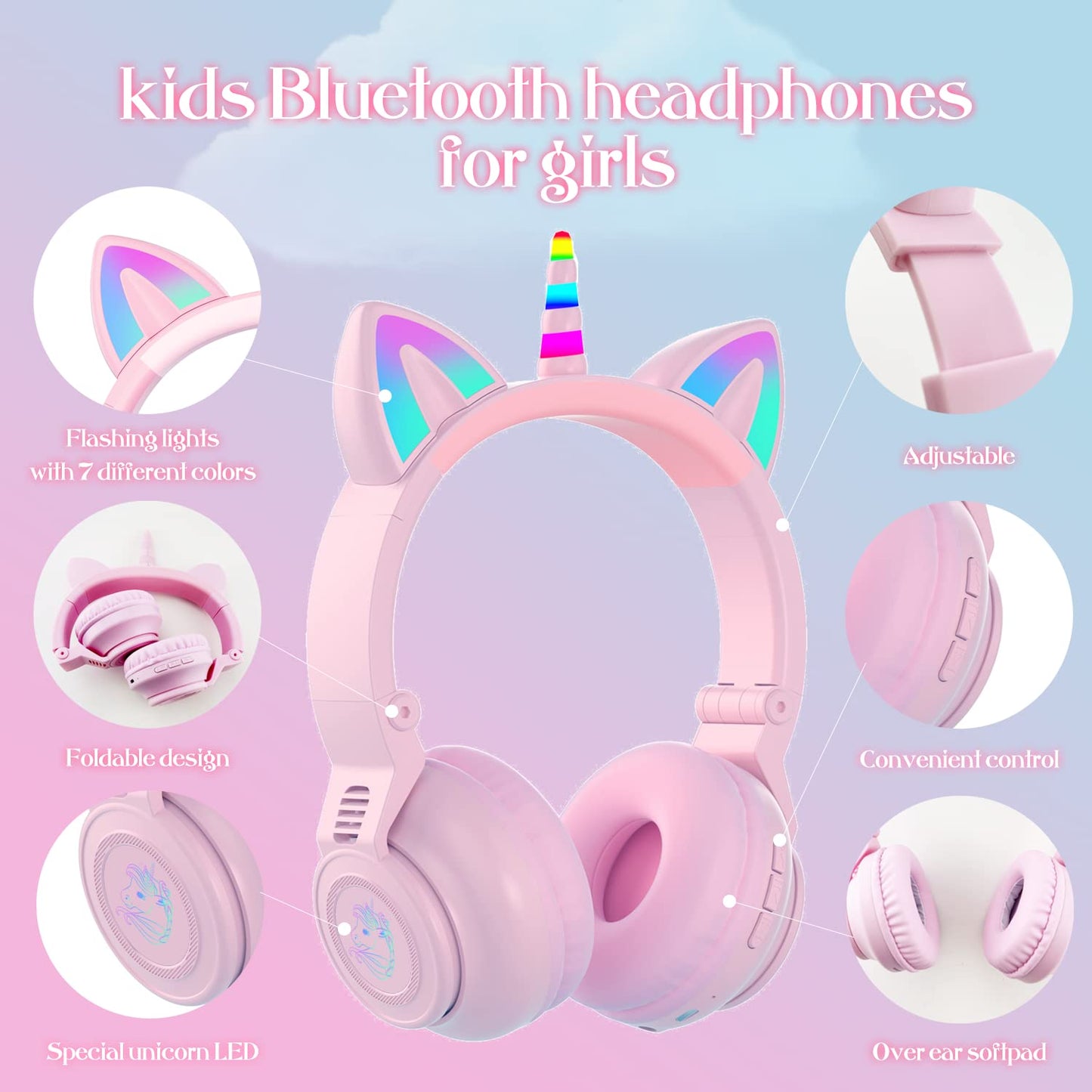 YUSONIC Unicorn Kids Headphones for Girls, Unicorn Bluetooth Headphones Foldable for Girls Toddlers Tablet/pad/Amazon fire,Light Up Kids Wireless…