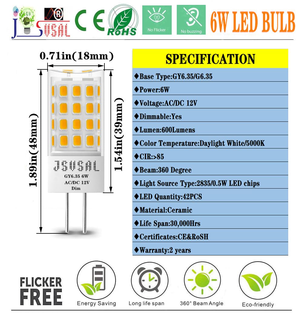 JSVSAL GY6.35 G6.35 LED Bulb,6W 12V,Daylight White 5000K,Dimmable,2-Pack