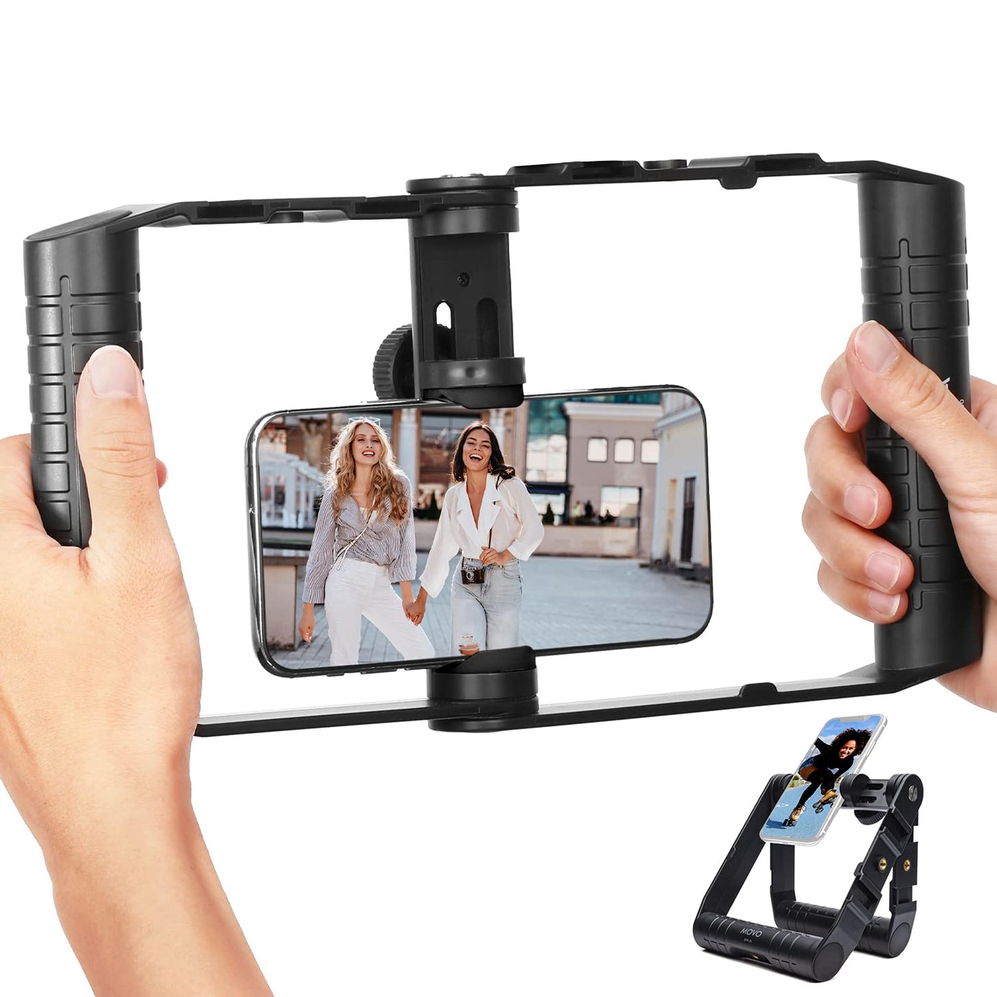 Movo SPR-20 Foldable Smartphone Video Rig Cage with Cold Shoe Mounts for Microphone or LED Light - Vlogging Mount Compatible with iPhone, Android