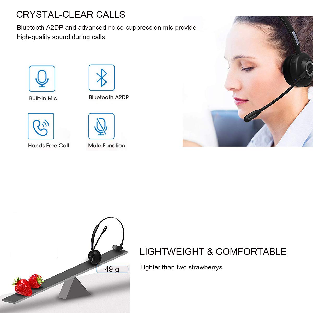 MERAIJIN Trucker Bluetooth Headset Wireless Headset with Microphone Over The Head Headphones with Noise Cancelling Sound On Ear Car Earphones Office