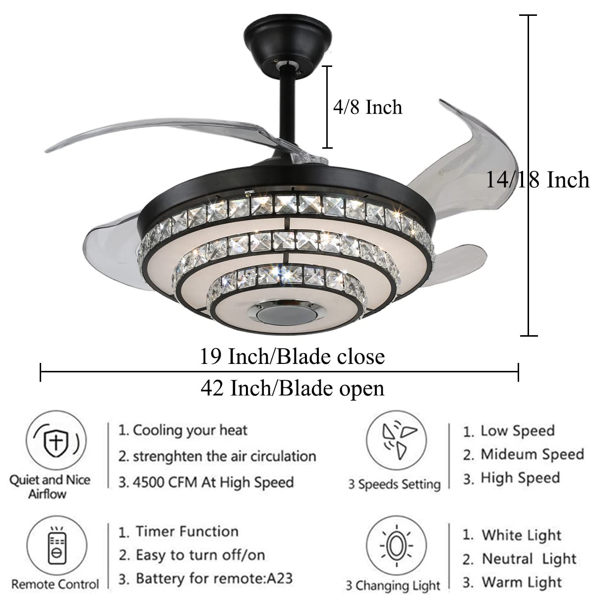 mfanchan 42 Inch Fandelier Ceiling Fan with Light, Black Chandelier Fans