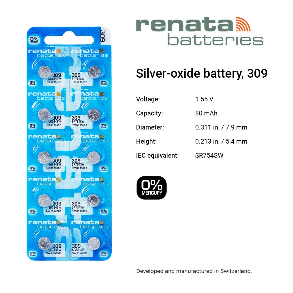Renata 309 SR754SW Batteries - 1.55V Silver Oxide 309 Watch Battery (2 Count)