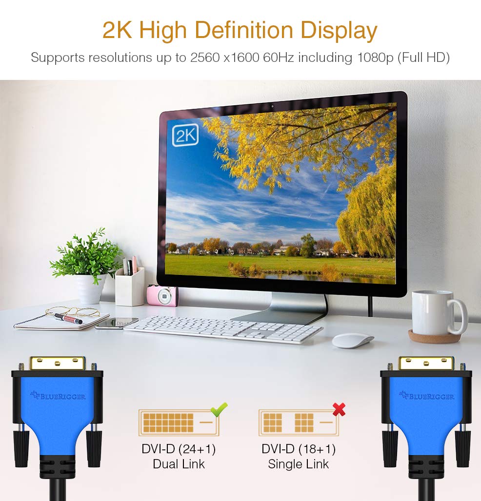BlueRigger DVI to DVI Monitor Cable (10FT, 24+1 Dual Link, Digital Video Cable, Male to Male) - for Gaming, DVD, Laptops, HDTV and Projector