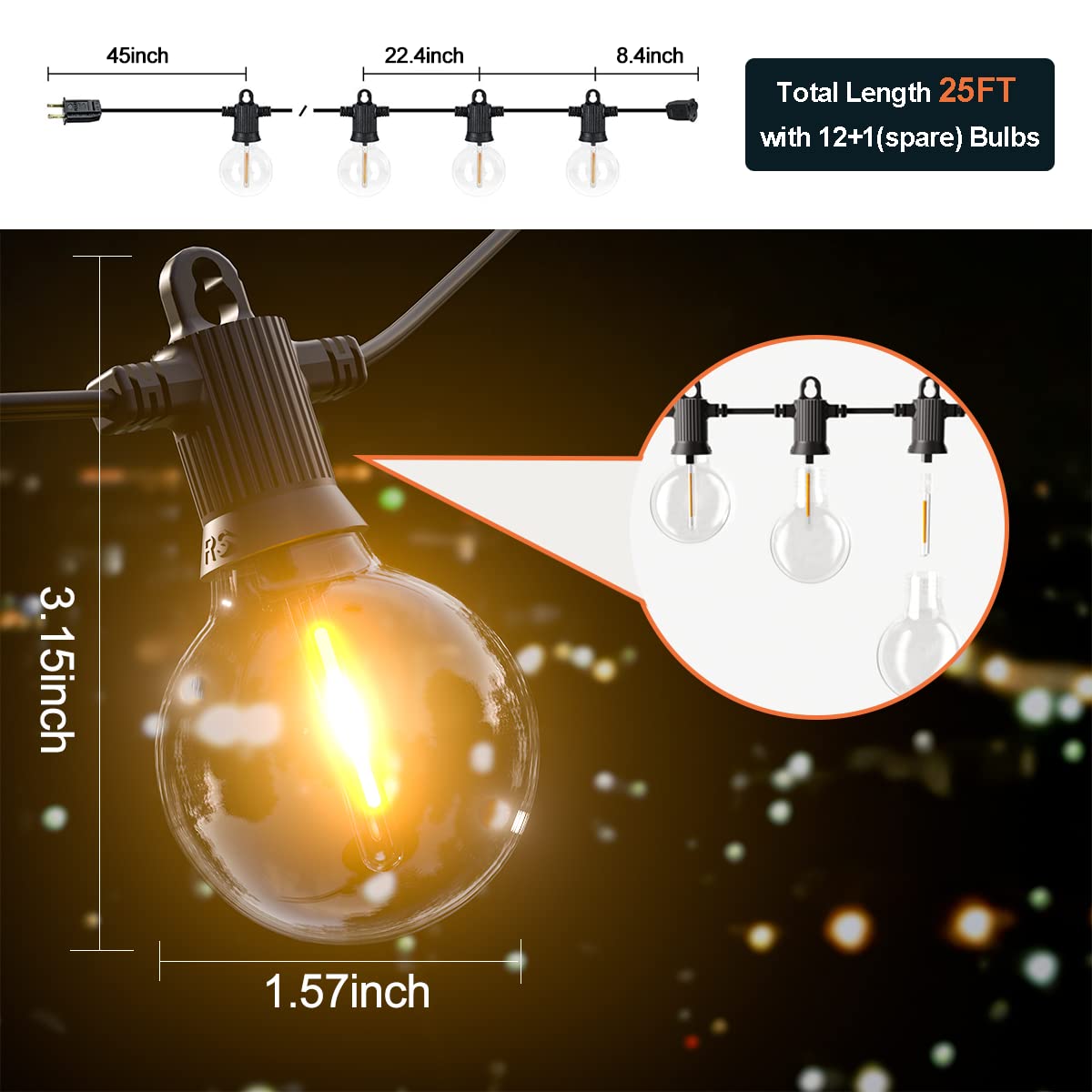 Kawaya Outdoor String Lights 25 FT LED Patio Light with 12+1 Shatterproof Edison Globe Bulbs - IP65 Waterproof Dimmable Hanging Lights - 2700K Warm