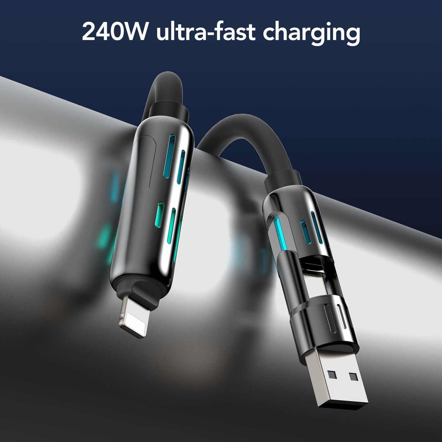 MFish 4-in-1 USB Charging Cable with Carrying Case, 240W Fast Charger Cord, USB-A & Dual USB-C to USB-C/Lightning, for iPhone 17/16/15/14, iPad
