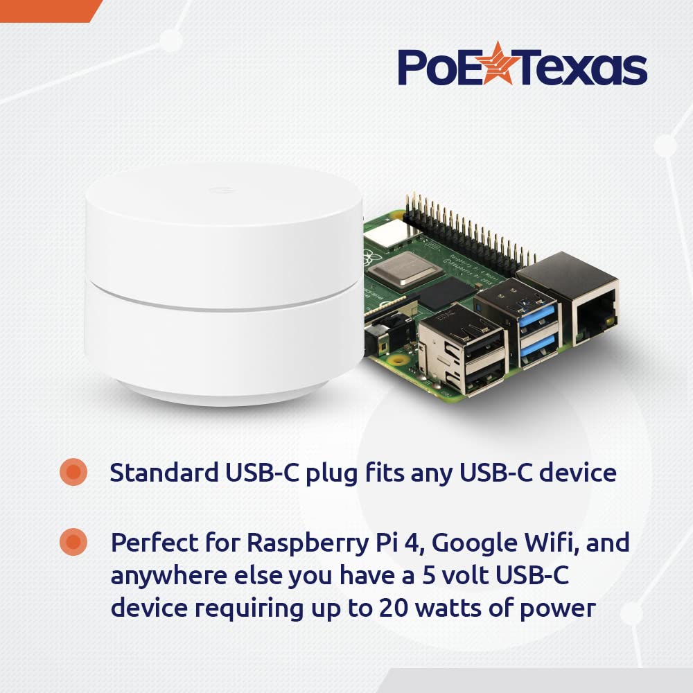 PoE Texas PoE+ Power for USB-C Devices, Including Google WiFi & Raspberry Pi - for POS Systems, Digital Signage & More, Extend Power Delivery Up