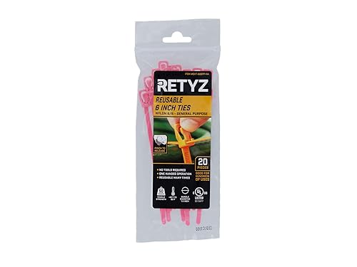 RETYZ 6-Inch Fluorescent Pink Reusable Releasable Cable Ties - 20 Pack, 50 lb Strength, Patented Quick-Release, Tool-Free Design for Home, Office,