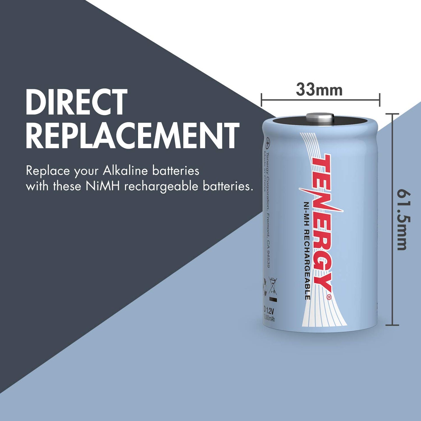 Tenergy 10000mAh NiMH D Battery, Rechargeable High Capacity D Size Battery, High Drain D Cell Batteries for Flashlight, 8-Pack - UL Certified
