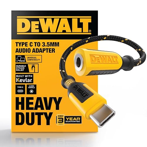 DEWALT Aux to USB C Adapter - 3.5mm to USB C Audio Headphone Jack Dongle with DAC Chip, CTIA Compatible, Kevlar-Reinforced Cable for iPhone 17 16 15