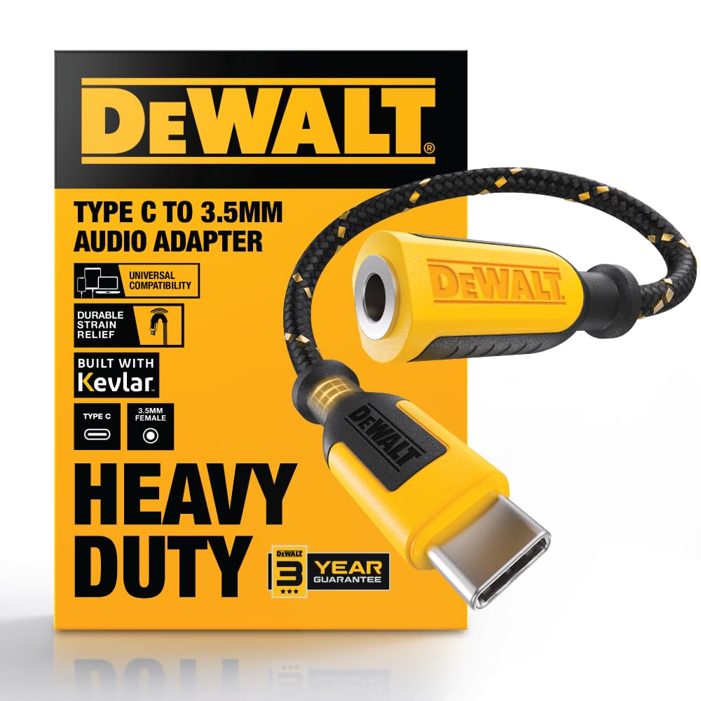 DEWALT Aux to USB C Adapter - 3.5mm to USB C Audio Headphone Jack Dongle with DAC Chip, CTIA Compatible, Kevlar-Reinforced Cable for iPhone 17 16 15