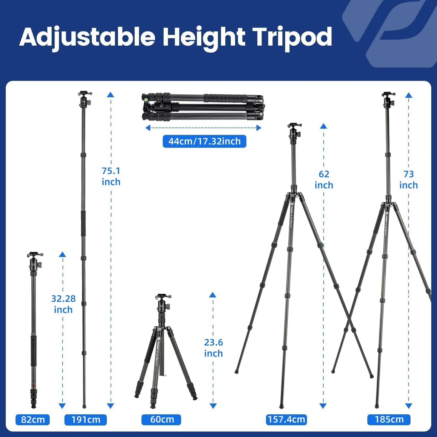 Fotopro 73" Carbon Fiber Tripod for Camera Compact Travel Tripod with Ball Head Detachable Monopod with Quick Release Plate and Camera Bag Load up