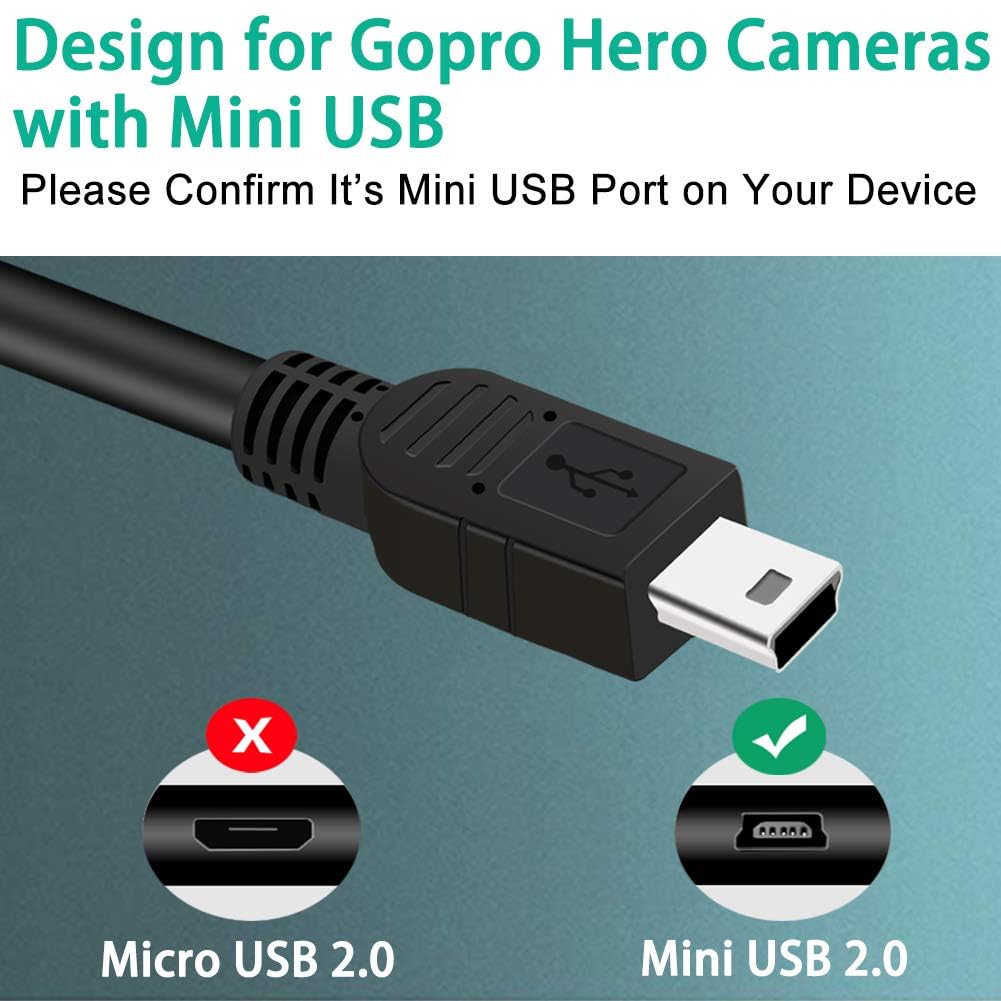 Mini USB Cable for GoPro Hero 4, 3, 2, 1-3ft Camera Data Sync and Charging Cord, USB A to Mini B Fast Charger Cord for Gopro Hero 3+ Silver Black