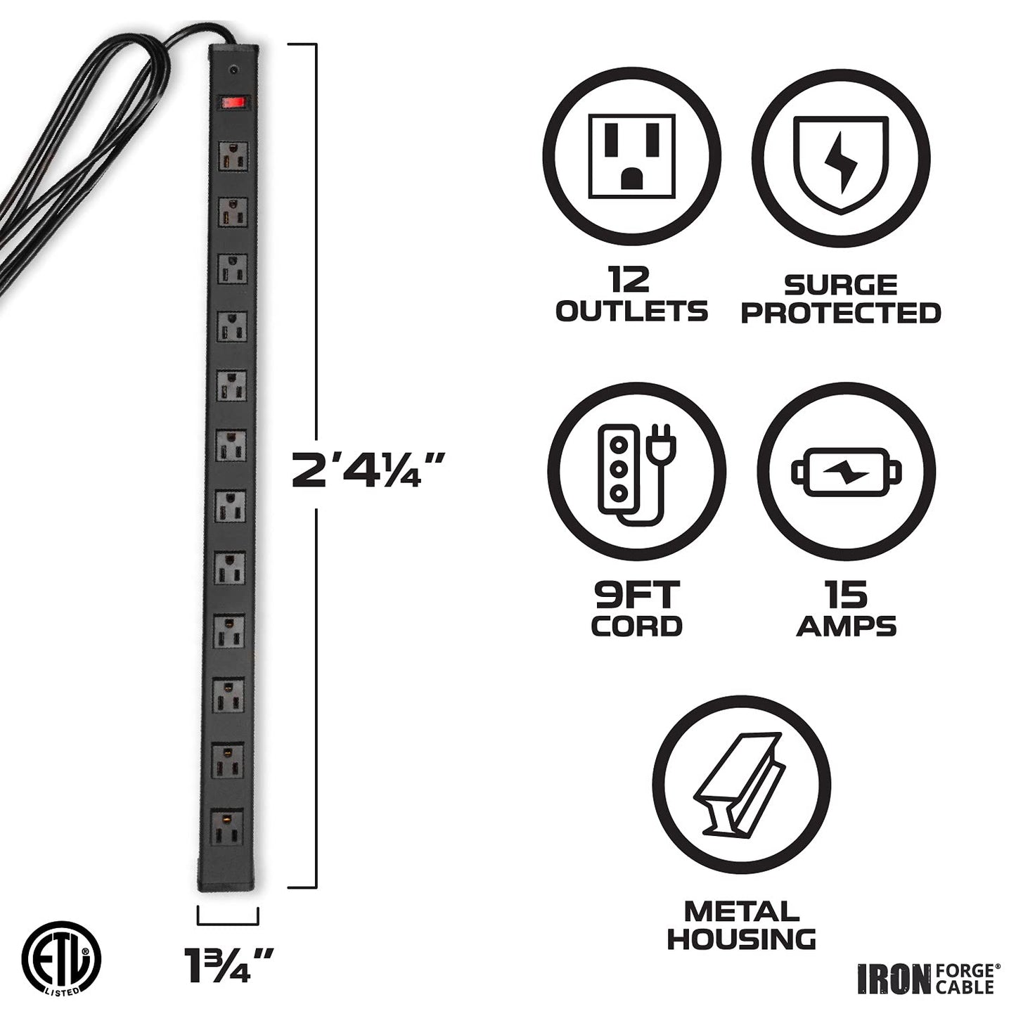 Iron Forge Cable 12 Outlet Heavy Duty Surge Protector Power Strip with Built-in Circuit Breaker, 14/3 SJT Black & Yellow with 9 ft Extension Cord