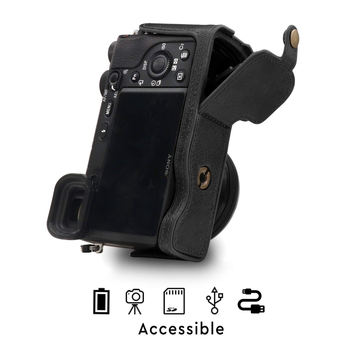 MegaGear MG1641 Ever Ready Genuine Leather Camera Half Case compatible with Sony Alpha A6100, A6400 - Black