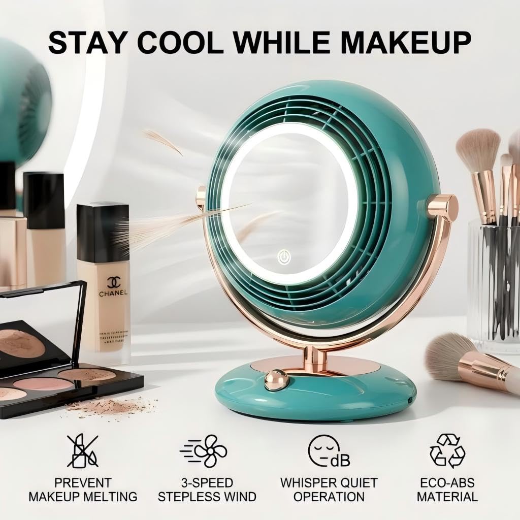 EZMind Retro-Style Makeup Mirror Desktop Portable Fan, Desktop Dressing Mirror with Built-in Fan, Equipped with LED Lighting, Warm and Cool Tone