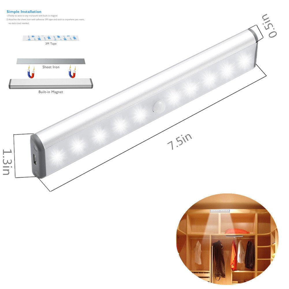 RXWLKJ Stick-on Anywhere Portable Little Light Wireless LED Under Cabinet Lights 10-LED Motion Sensor Activated Night Light Build in Rechargeable
