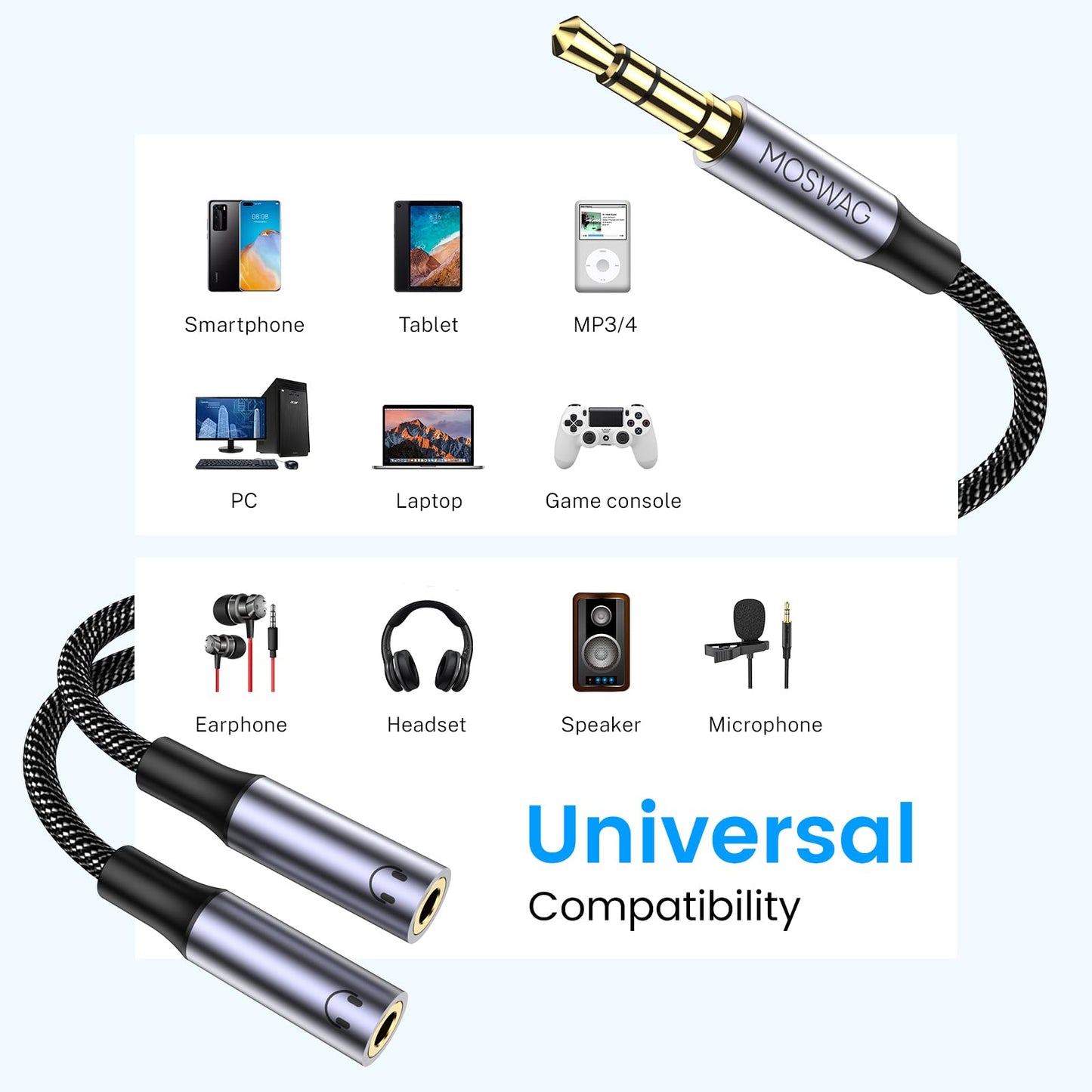 MOSWAG Headphone Splitter 3.5mm Stereo to Dual 3.5mm Female Headphone Jack Audio Stereo, Extension Cable Audio Y Splitter Compatible with iPhone