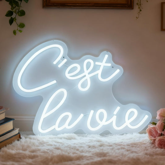 C'est la vie LED Neon Sign - White That's Life Neon Light, USB Powered Wall Table Decor for Bedroom Living Room Party Dorm, 12.99x 14.37 in