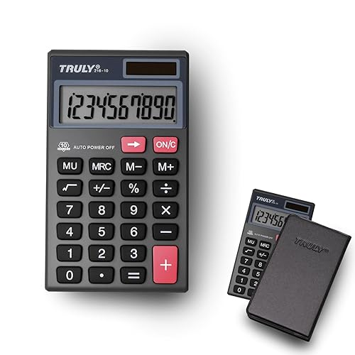 TRULY Pocket Calculator, 10-Digit Solar Calculator with Dual Power, Big Buttons, Auto Power Off, Compact Mini Calculator with PU Leather Case