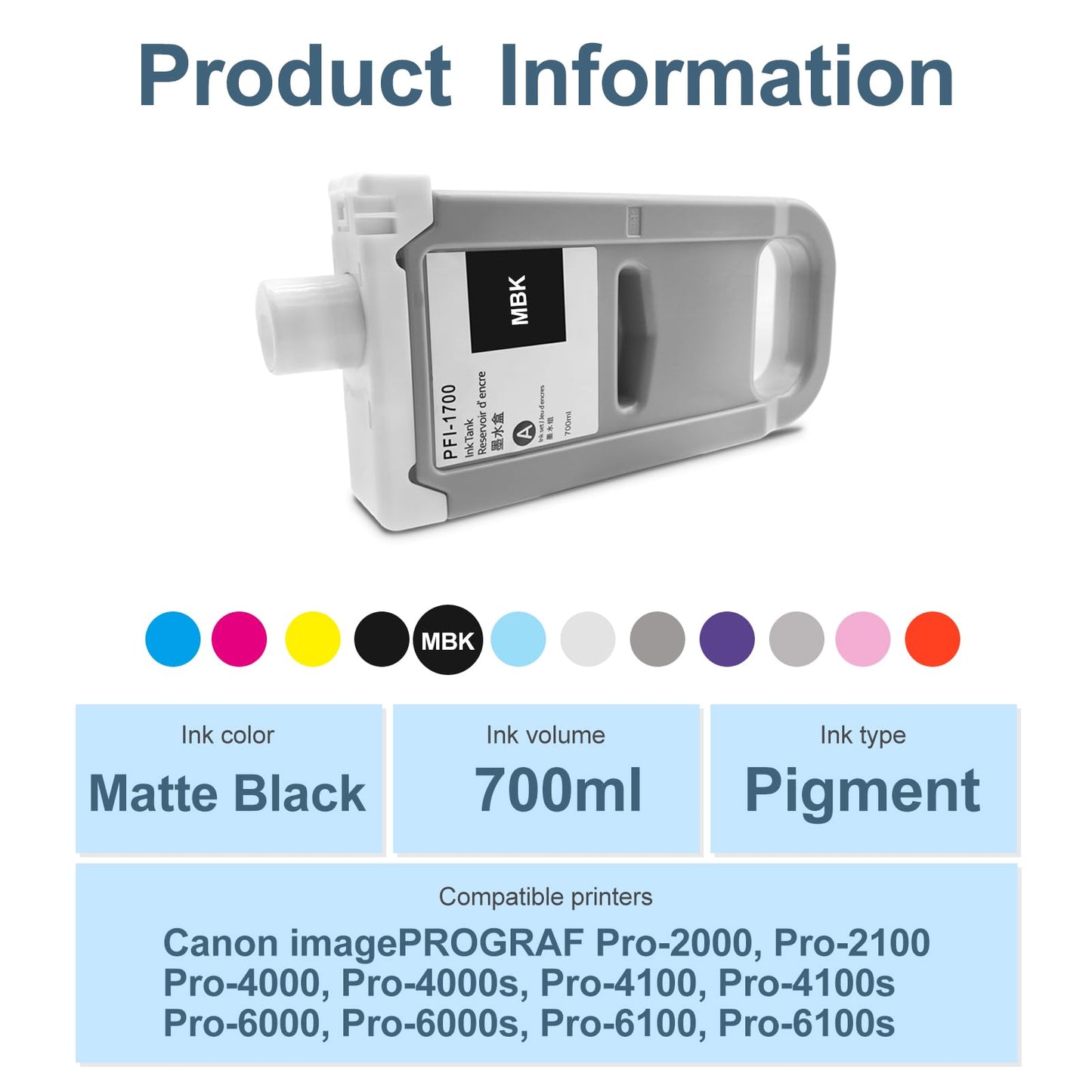 Pfi-1700 Remanufactured Pigment Ink Cartridge for Canon imagePROGRAF Pro 2000 2100 4000 4000s 4100 4100s 6000 6000s 6100 6100s Printers 700 ML(1-Pack