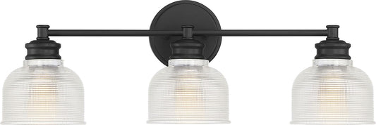 Meridian M80035MBK Traditional Farmhouse Clear Halophane Glass Bathroom Vanity Wall Light, 3-Light 180 Total Watts, 9" H x 24" W, Matte Black