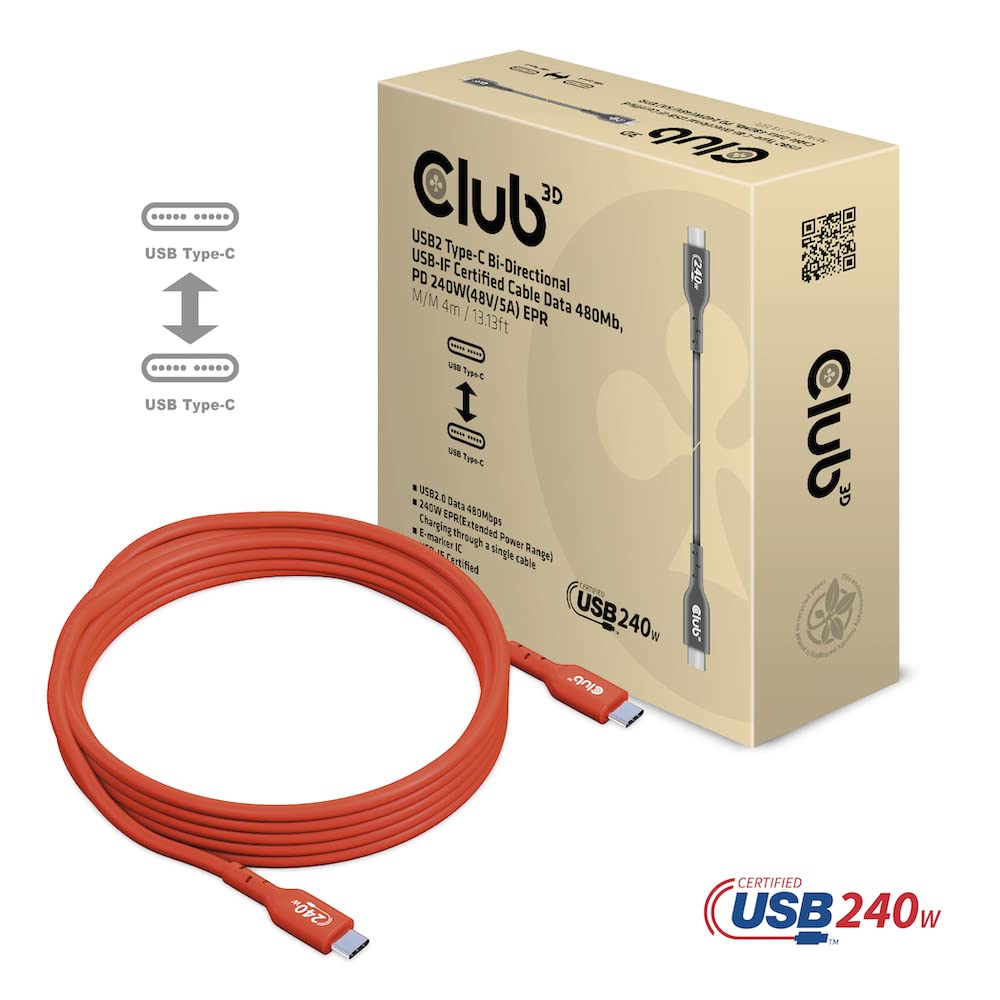 Club 3D CAC-1515 USB2 Type C to Type C Certified Bi-Directional Cable with 240W Charging, 480Mb Data Transmission EPR 4m -13.13ft