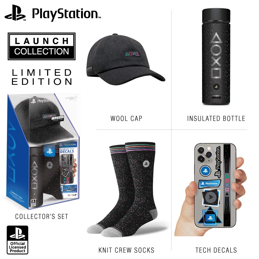 Controller Gear Official Sony PlayStation 5 Launch Collection Merchandise Bundle - Wide Mouth Stainless Steel Water Bottle, PS5 Hat, Socks, Premium
