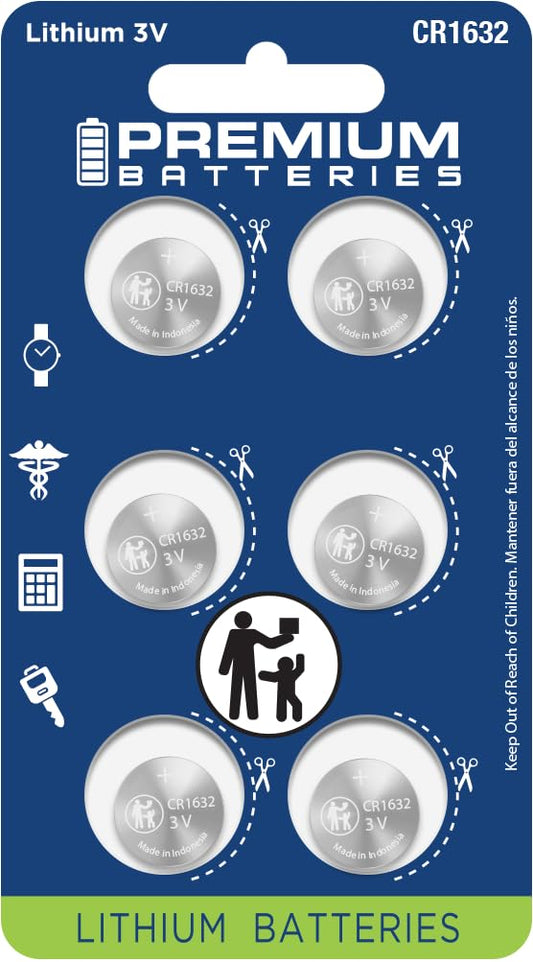 Premium Batteries CR1632 Battery 3V Lithium Coin Cell Child Safe (6 Pack)