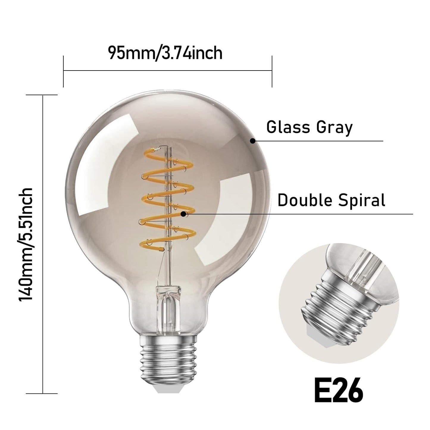 Geminilite G95 Smoke Grey LED Edison Bulb E26 Base 2 Pack